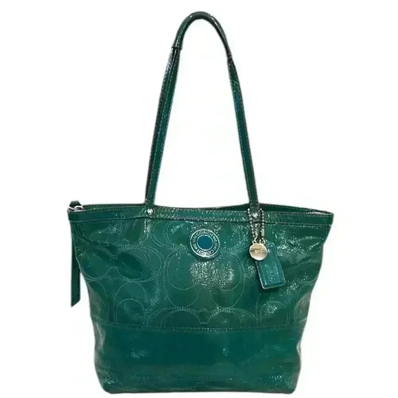 Coach Handbags - Coach Teal Blue Dotted Ashley Signature Patent Leather Handbag Purse